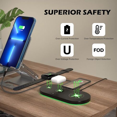 4 in 1 Wireless Charger Pad, 15W Wireless Charging Station without adapter for iPhone 14/13/12/11/X/8 Series, Wireless Charging Pad Compatible with Apple Watch (Only), AirPods 3 (with 1 USB C-A Cable) in Saudi Arabia