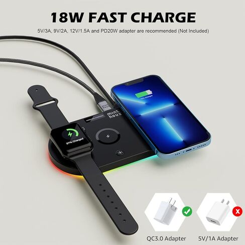4 in 1 Wireless Charger Pad, 15W Wireless Charging Station without adapter for iPhone 14/13/12/11/X/8 Series, Wireless Charging Pad Compatible with Apple Watch (Only), AirPods 3 (with 1 USB C-A Cable) in Saudi Arabia