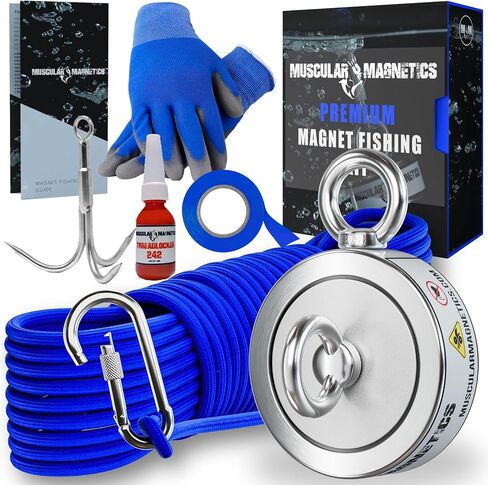 1325lb Double Sided Fishing Magnet Bundle Pack - Includes 6mm 100ft High Strength Nylon Rope with Carabiner, Non-Slip Nylon Gloves, Threadlocker, Grappling Hook & Tape (Complete Kit) in Saudi Arabia