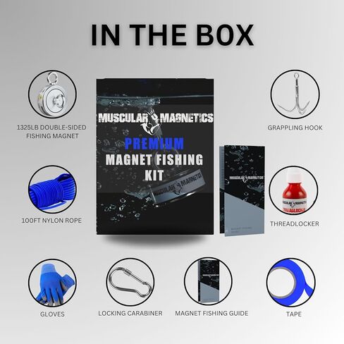 1325lb Double Sided Fishing Magnet Bundle Pack - Includes 6mm 100ft High Strength Nylon Rope with Carabiner, Non-Slip Nylon Gloves, Threadlocker, Grappling Hook & Tape (Complete Kit) in Saudi Arabia