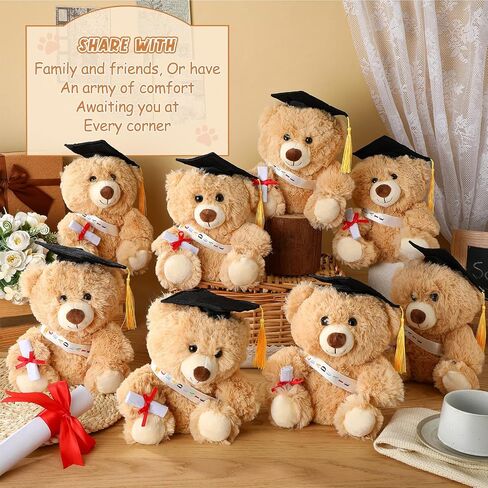 Jenaai 8 Pcs Graduation Bear 2025 with Black Cap 10 Inches Bulk Class of 2024 Soft Cute Bear Stuffed Animal Toys for Commemorative Celebratory Keepsakes Gift (Colorful Ribbon) in Kuwait