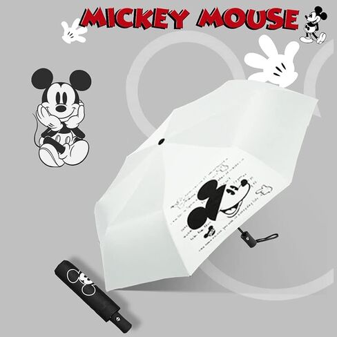FINEX Mickey Mouse Hands Pattern - أسود - مظلة جولف مدمجة للسفر قابلة للطي تلقائيًا مع مقبض زر واحد وحزام للمعصم in Kuwait
