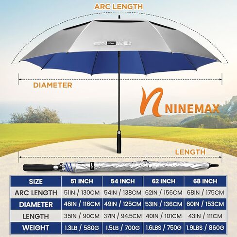 NINEMAX Golf Umbrella UV Potection: 51/54/62/68 Inch Large UV Umbrellas Sun Protection - UV Blocking Sun Umbrella Windproof,UPF Silver Umbrellas Sun Blocking,Extra Large Golf Cart Umbrella Auto Open in Kuwait