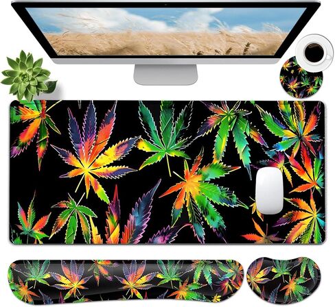JVGFYNKL Large Gaming Mouse Pad Set, Ergonomic Memory Foam Keyboard Wrist Rest Support + Mouse Wrist Rest + Extended Desk Mat with Non-Slip Rubber Base, Colored Weeds Pattern Black Desk Pad in Saudi Arabia