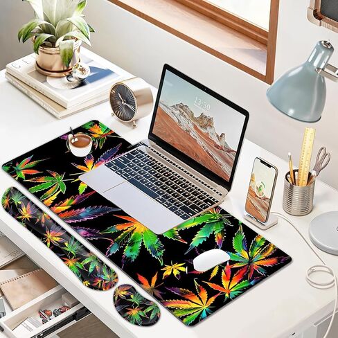 JVGFYNKL Large Gaming Mouse Pad Set, Ergonomic Memory Foam Keyboard Wrist Rest Support + Mouse Wrist Rest + Extended Desk Mat with Non-Slip Rubber Base, Colored Weeds Pattern Black Desk Pad in Saudi Arabia