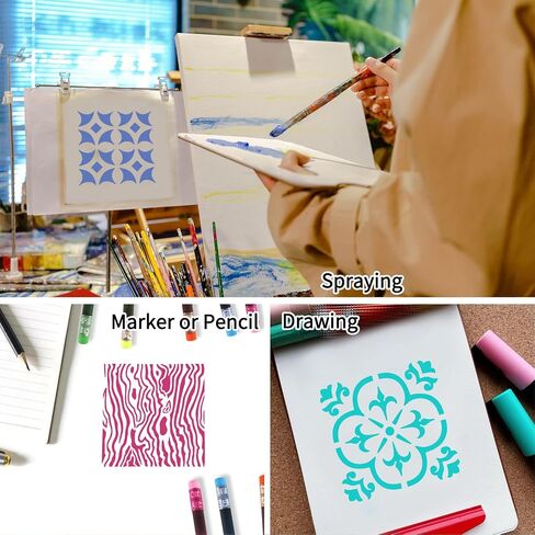16 Pieces Wall Stencils for Painting, Herringbone Geometric Cubist Modern Wall Stencil, Reusable Templates for Painting on Walls Canvas DIY Craft Scrapbooking Stamp Card Making(8x8Inch) in Saudi Arabia