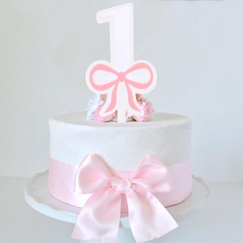 Pink Bow 1st Birthday Cake Topper-Pink Bow One Birthday Decorations,Bridal Shower Bachelorette Cake Flag,Sweet 1st party Photo Smash Props in Saudi Arabia
