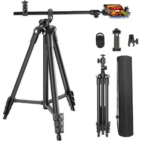 Phone Tripod, Arsoer 67" Adjustable Height Tripod with Horizontal Column and Removable Clip Mount for Overhead Shot, 360° Rotation Tripod Stand with Wireless Remote/Carry Bag for Camera/iPhone/Webcam