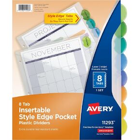 Avery Plastic 8-Tab Binder Dividers with Pockets, Style Edge Insertable Multicolor Tabs, 1 Set (11293)