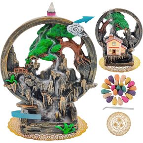 2 Sides Backflow Incense Holder Waterfall Incense Burner with 100 Incense Cones Incense Fountain for Home Decor, Chimney Cottage Incense Burner，Aromatherapy Accessories