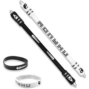 2 Colors Pen Spinning with Silicone Bracelet, Metal Heads Gaming Finger Pen, 8.5In Weighted Rotating Ballpoint Pen, Spinning Pen for Student Adults, No Pen Refill (Black,White)
