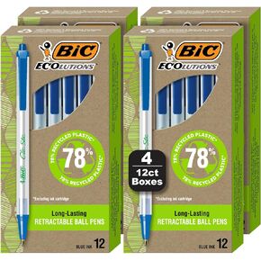 BIC Ecolutions Clic Stic Blue Ballpoint Pens, Medium Point (1.0mm), 48-Count Pack, Retractable Ball Point Pens Made from 78% Recycled Plastic
