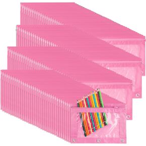 Fainne 120 Pack Pencil Pouches 3 Ring Binder Pencil Case Oxford Cloth Pencil Bag with Clear Window and Zipper Pulls for Kid Adults Office Student School Storage Supplies Favors (Light Pink)