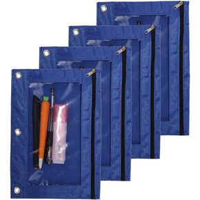 Binder Fabric Pencil Pouch 3-Ring Binder Pencil Case Bag with Zipper 4 Pack (blue)