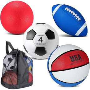 4 Pcs Sport Balls Set for Kids Teens, Include Size 5 Basketball Size 4 Soccer Size 6 Football Playground Ball and Pump, Sports Equipment Bag Christmas Sport Gift for Kids