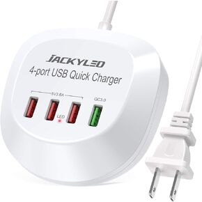 USB Charger Hub with Quick Charge 3.0 JACKYLED 4 USB Ports Portable Fast Charging Station for Multiple Devices Compatible with iPhone iPad Galaxy Home Office Nightstand Desktop Travel Cruise Black