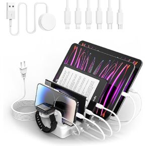 ₂₀₂₃𝘕𝘦𝘸 Charging Station Multiple Charger Station - 6-Port USB Fast Charging Dock 50W Organizer Station with Watch Charger for iPhone|Android Cell Phone|iPad|Kindle|Watch|Tablet