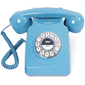 Tyler Retro Style Landline Phone, Push Button Rotary Look, Large Button Vintage Corded Phone, Power Outage Safe, Redial Button, Old Classic Retro Phone (Retro Blue)