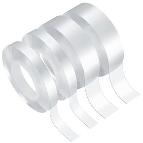 4 Rolls Double Sided Heavy Duty Tapes, Clear Two Sided Mounting Adhesive Tape Heavy Duty, Removable/Waterproof/Washable Picture Hanging Strips Poster Tape for Walls, Total 40 FT