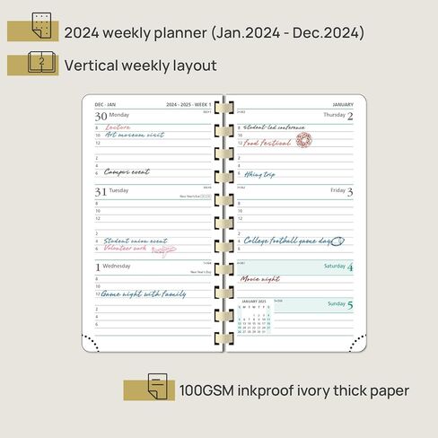 تقويم الجيب POPRUN 2024 (3.5 بوصة × 6.5 بوصة) مخطط حلزوني للجيب 2024 أسبوعيًا وشهريًا للمحفظة، كتاب مواعيد لإدارة الوقت، غطاء جلد نباتي - أخضر المحيط الهادئ in Saudi Arabia