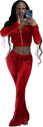 بدلة رياضية قطيفة لطيفة للنساء مكونة من قطعتين أطقم ملابس مثيرة مع قلنسوة بسحاب وسترات قصيرة مع جيب in Kuwait