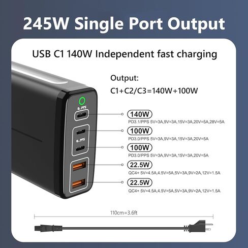 شاحن USB C GaN بقدرة 245 وات، محطة شحن Ubigbuy بقدرة 140 وات 5 منافذ PD3.1 USB C، شاحن كمبيوتر محمول USB C لسطح المكتب محمول للسفر USB C محول طاقة لجهاز MacBook Pro Air iPad Pro iPhone Samsung in Saudi Arabia