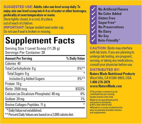Nature Made Collagen Peptides Powder Type 1 and 3, Joint Support Collagen Powder Unflavored, Sugar Free, Keto Friendly with Biotin for Hair, Skin & Nails Support, 11.2 oz, 28 Day Supply in Saudi Arabia