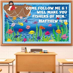Fishers of Men Bulletin Board Set Religious Classroom Decorations Christian Bible Paper Cutouts Fish Name Tags Jesus Sunday School Teacher Supplies for Church Back to School Chalkboard Wall Door Decor
