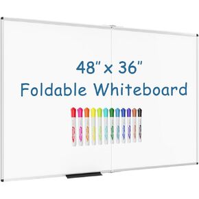 VIZ-PRO Dry Erase White Board/Magnetic Foldable Whiteboard, 48 X 36 Inches, Silver Aluminium Frame, with 12 Colored Whiteboard Pens
