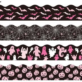 Whaline 68.9Ft Halloween Bulletin Board Borders Black and Pink Cute Pumpkin Bat Spider Ghost Die Cut Trim Border Roll for School Classroom Office Party Decor