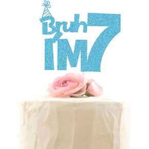 XIUHUBA Bruh I'm 7 Cake Topper, Happy 7th Birthday Cake Decor, Kids Boys 7th Birthday Party Decorations, Funny Seven Years Old Birthday Party Supplies Blue Glitter