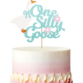 Goose Two Silly Cake Topper, Goose 2nd birthday Cake Topper, Blue Glitter Silly Goose Cake Decor for Boys, Farm Animal Theme Second Birthday Party Decoration