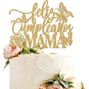 Feliz Cumpleanos Mama Cake Topper, Best Mom Ever, Happy Mother's Day, Mother's Birthday Party Decorations Supplies, Gold Glitter