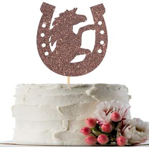 Horse Sign Horseshoe Cake Topper - Racing Birthday Party Decor - Western Theme Birthday Wedding Party Cake Decorations Supplies, 1st Birthday Party Photo Props, Brown Glitter