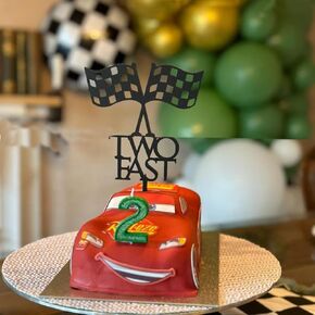 Two Fast Cake Toppers Race Car 2nd Birthday Cake Decorations for Boy Girl Second Birthday Flag Sign Supplies,Car Themed Birthday cake topper for 2nd Birthday