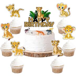7 Pcs Cheetah Cake Topper Cheetah Happy Birthday Cupcake Toppers, Leopard Print Birthday Cake Topper - Forest Animals Themed Baby Shower Party Decoration