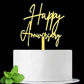 JIEEIN Happy Anniversary Cake Topper, Happy Birthday Cake Topper, Mirror Gold Acrylic