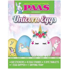 PaaS Unicorn Eggs - مجموعة تزيين بيض عيد الفصح - 68 ملصقًا ، 8 حوامل بيض ، 5 أقراص صبغ ، وأكثر من ذلك
