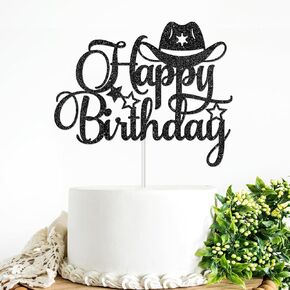 Black Glitter كعكة عيد ميلاد سعيد Topper الغربية موضوع عيد ميلاد ديكورات حفلة رعاة البقر رعاة البقر