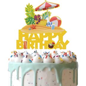Gold Glitter Beach كعكة عيد ميلاد سعيد Topper ، ديكور كعكة عيد ميلاد الصيف الشاطئ ، هاواي Luau Bday لحفلات الزخارف