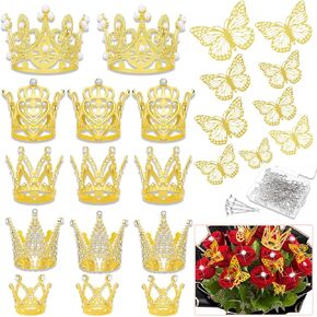 Gold Crown Cake Topper ، 14pcsmini Crown Cake Topper ، Crown for Flower Flower Flower Crown ， 10pcs زخارف الفراشة ومسامير باقة 50pcs لحفل عيد ميلاد الزفاف (الذهب)