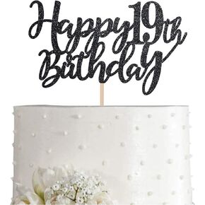 19 Black Glitter Happy 19th Birthday Cake Topper, Birthday Party Cake Topper Decorations, Supplies