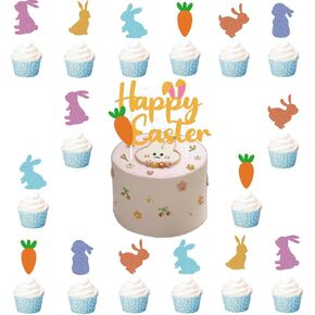 مجموعة زخارف كعكة عيد الفصح 25 مساءً ، وكعكة عيد الفصح السعيدة مع أغطية كب كيك كروت أرنب ، و Gless