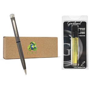 Garland Recycled Metal Twist Pen and 5 Pack Universal #1 Refills- USA Made - Eco-Friendly Pen for Gifts, Professional, Post-Consumer Recycled Metal with Recycled Gift Box - Blue & Chrome