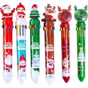 6 PCS Christmas Multicolor Ballpoint Pen,10-in-1 Multicolor, Snowman Ballpoint, Reindeer Writing Pen, Christmas Tree Color Pan,Santa Claus, Sequin tip Christmas Party Art Journal Colorful Pen