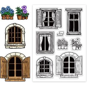 CHGCRAFT Vintage Windows Potted Plants Clear Stamps Custom Silicone Clear Stamps Seal Stamps for DIY Scrapbooking Photo Album Decorative Cards Making, Window, 6.3X 4.33x 0.12inch