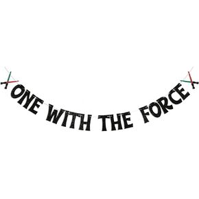 واحد مع لافتة القوة - ديكور عيد ميلاد الصبي الأول ، علامة عيد ميلاد Jedi ، Jedi موضوع Bday Party Supplies Black Glitter