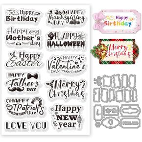 INFUNLY Vintage Festival Clear Stamp and Die Cut St. Patrick's Day Rubber Stamp Metal Cutting Die Label Frame Happy Easter Love You Transparent Stamp Seals for Cards Making Photo Album Decor