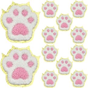 12Pcs Paw Print Iron on Patch with Gold Edges, Chenille Cat Patches Paw Print Applique Cute Animal Footprint Patches Pink White Decorative Applique Patches for DIY Clothes Jacket Jeans Hats Backpacks