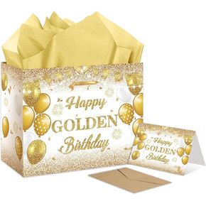 حقيبة هدايا عيد ميلاد Golden Rtmisa مع ورق الأنسجة وبطاقة الترحيب هدايا عيد ميلاد أبيض وذهبي.